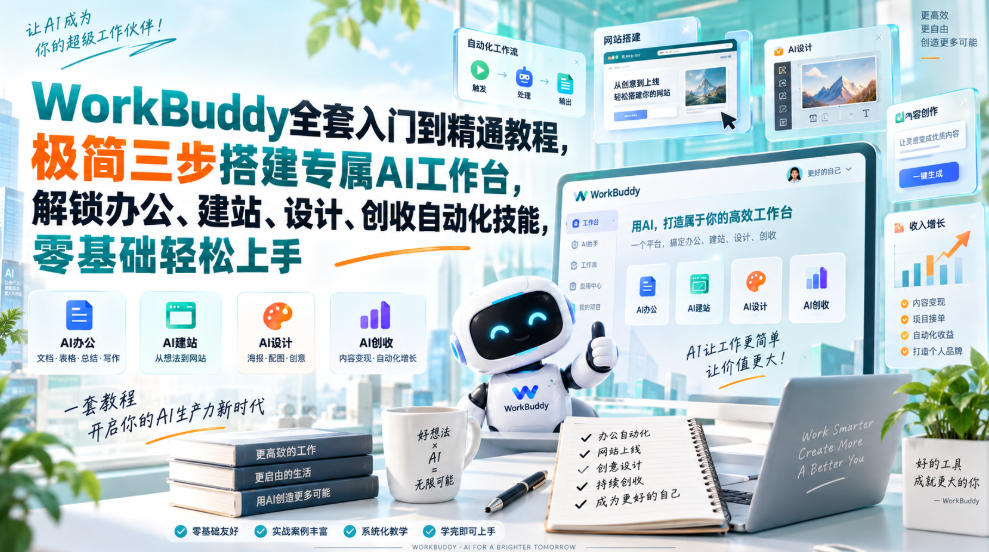 WorkBuddy全套入门到精通教程,极简三步搭建专属AI工作台,解锁办公、建站、设计、创收自动化技能,零基础轻松上手-皮皮网创