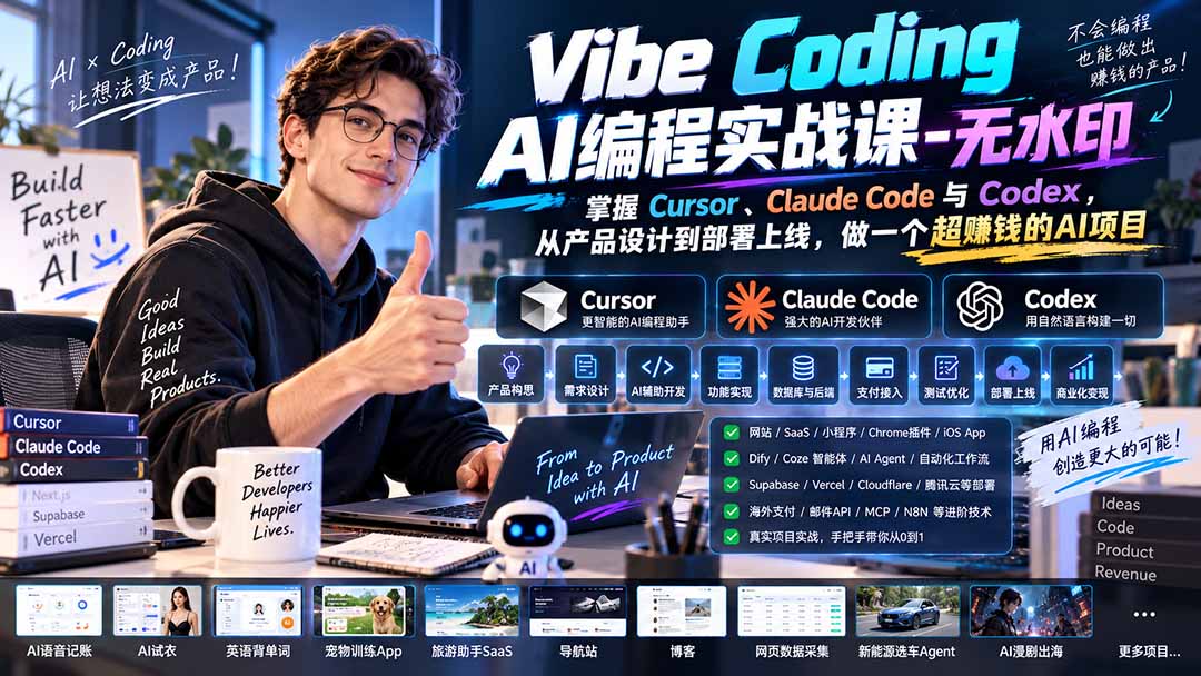 Vibe Coding AI编程实战课-无水印：掌握Cursor、Claude Code与Codex，从产品设计到部署上线，做一个超赚钱的AI项目-皮皮网创