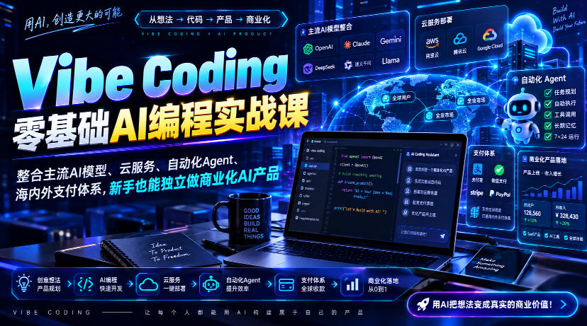 Vibe Coding零基础AI编程实战课-无水印，整合主流AI模型、云服务、自动化Agent、海内外支付体系，新手也能独立做商业化AI产品-皮皮网创