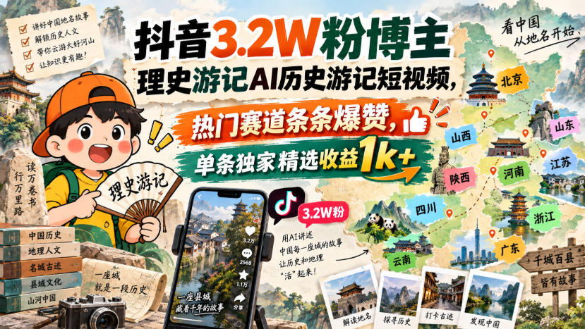 抖音3.2W粉博主理史游记AI历史游记短视频教学，热门赛道条条爆赞，单条独家精选收益1k+-皮皮网创