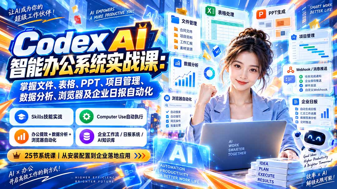 Codex AI智能办公系统实战课：掌握文件、表格、PPT、项目管理、数据分析、浏览器及企业日报自动化-皮皮网创