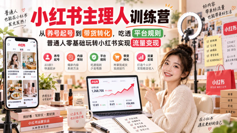 小红书主理人训练营，从养号起号到带货转化，吃透平台规则，普通人零基础玩转小红书实现流量变现-皮皮网创