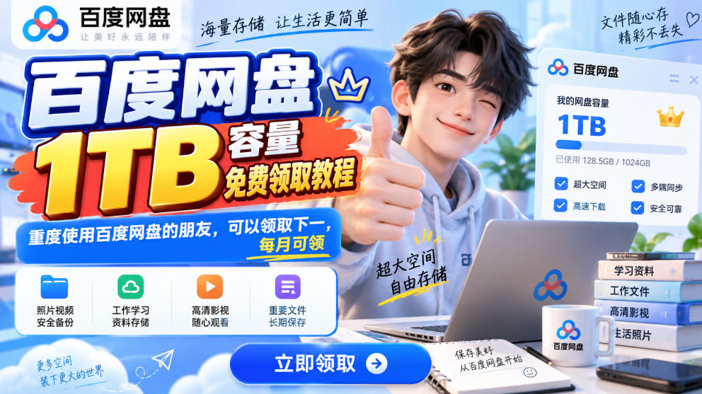 百度网盘1TB容量免费领取教程,重度使用百度网盘的朋友,可以领取下一,每月可领-皮皮网创