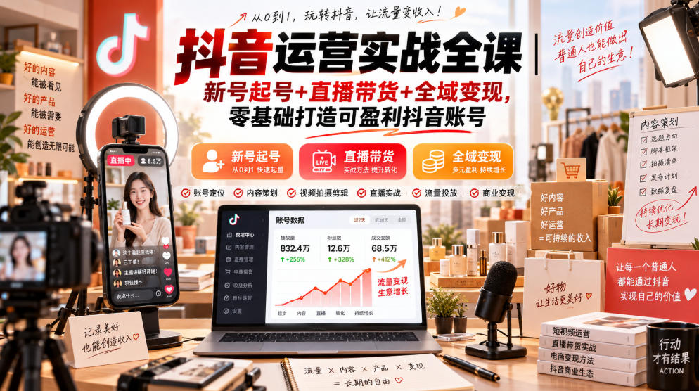 抖音运营实战全课｜新号起号+直播带货+全域变现，零基础打造可盈利抖音账号-皮皮网创