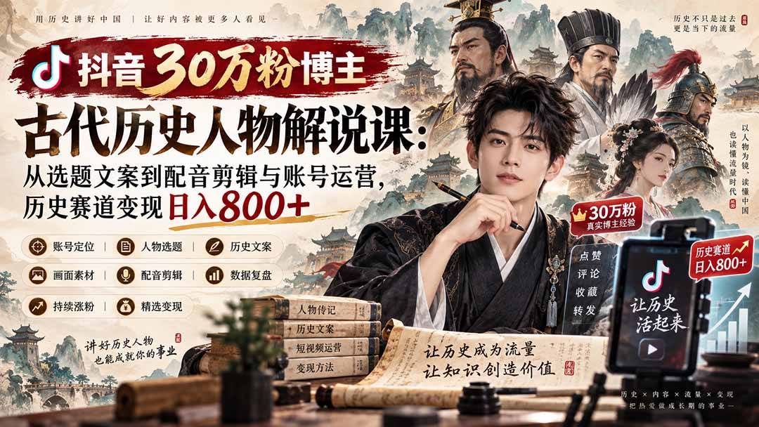 抖音30万粉博主古代历史人物解说课:从选题文案到配音剪辑与账号运营,历史赛道变现日入800+-皮皮网创