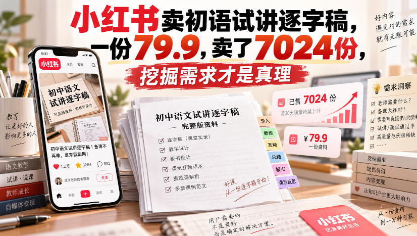 小红书卖初语试讲逐字稿，一份79.9，卖了7024份，挖掘需求才是真理-皮皮网创