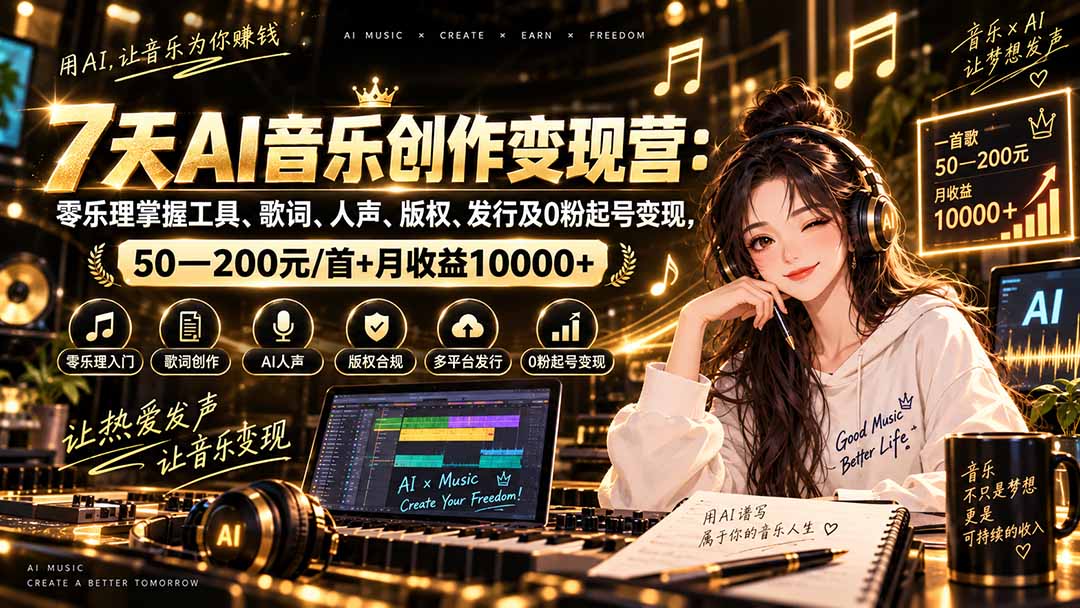 AI音乐创作变现营:零乐理掌握工具、歌词、人声、版权、发行及0粉起号变现,50—200元/首+月收益10000+-皮皮网创