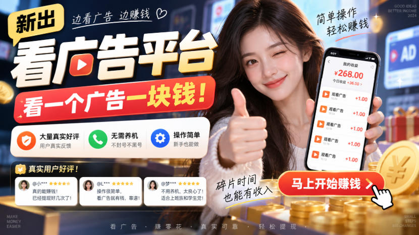 新出看广告平台，看一个广告一块钱，大量真实好评！无需养机、不会黑号，操作简单【揭秘】-皮皮网创