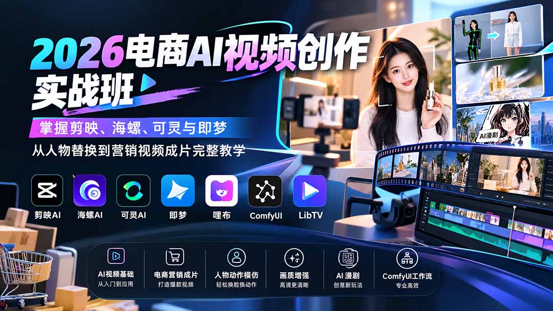 2026电商AI视频创作实战班:掌握剪映、海螺、可灵与即梦,从人物替换到营销视频成片完整教学-皮皮网创