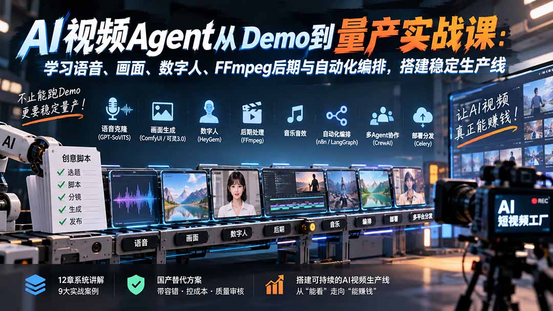 AI视频Agent从Demo到量产实战课：学习语音、画面、数字人、FFmpeg后期与自动化编排，搭建稳定生产线-皮皮网创