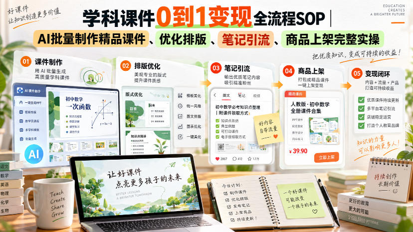 学科课件0到1变现全流程SOP｜AI批量制作精品课件、优化排版、笔记引流、商品上架完整实操​-皮皮网创