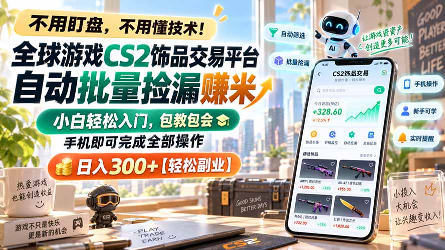 全球游戏CS2饰品交易平台自动批量捡漏赚米,小白轻松入门,包教包会,手机即可完成全部操作,日入300+【轻松副业】-皮皮网创