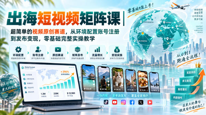出海短视频矩阵课|超简单的视频原创赛道,从环境配置账号注册到发布变现,零基础完整实操教学-皮皮网创