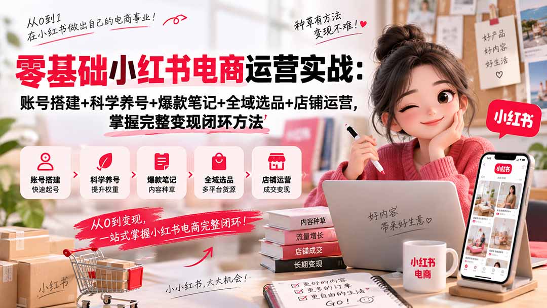 零基础小红书电商运营实战:账号搭建+科学养号+爆款笔记+全域选品+店铺运营,掌握完整变现闭环方法-皮皮网创