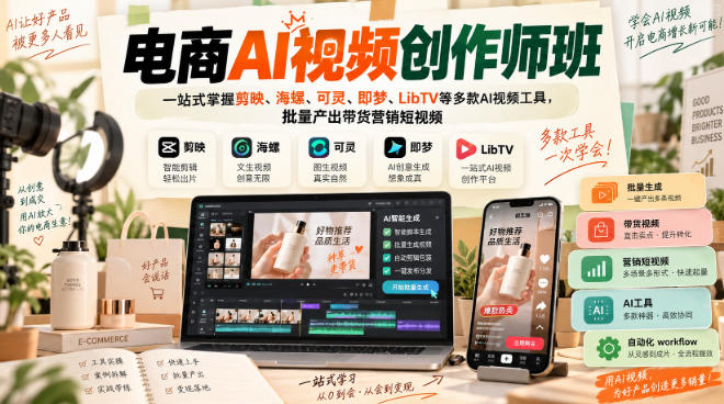 电商AI视频创作师班,一站式掌握剪映、海螺、可灵、即梦、LibTV等多款AI视频工具,批量产出带货营销短视频-皮皮网创