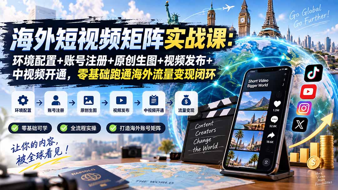 海外短视频矩阵实战课:环境配置+账号注册+原创生图+视频发布+中视频开通,零基础跑通海外流量变现闭环-皮皮网创