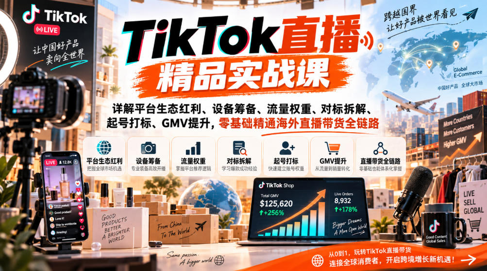 TikTok直播精品实战课，详解平台生态红利、设备筹备、流量权重、对标拆解、起号打标、GMV提升，零基础精通海外直播带货全链路-皮皮网创