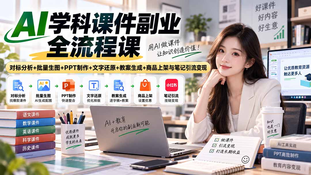 AI学科课件副业全流程课|对标分析+批量生图+PPT制作+文字还原+教案生成+商品上架与笔记引流变现-皮皮网创