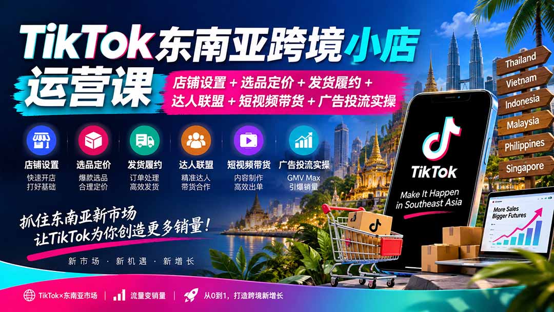 TikTok东南亚跨境小店运营课:店铺设置+选品定价+发货履约+达人联盟+短视频带货+广告投流实操-皮皮网创