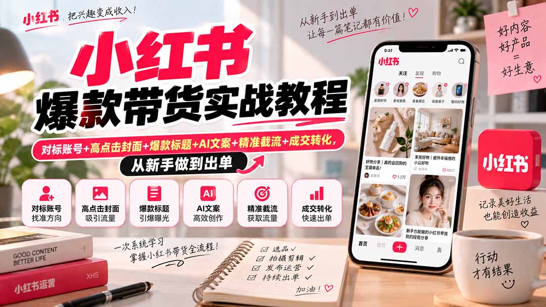 小红书爆款带货实战教程|对标账号+高点击封面+爆款标题+AI文案+精准截流+成交转化,从新手做到出单-皮皮网创