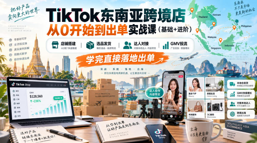 TikTok东南亚跨境店从0开始到出单实战课(基础+进阶),店铺搭建、选品发货、达人对接、GMV投流,学完直接落地出单-皮皮网创