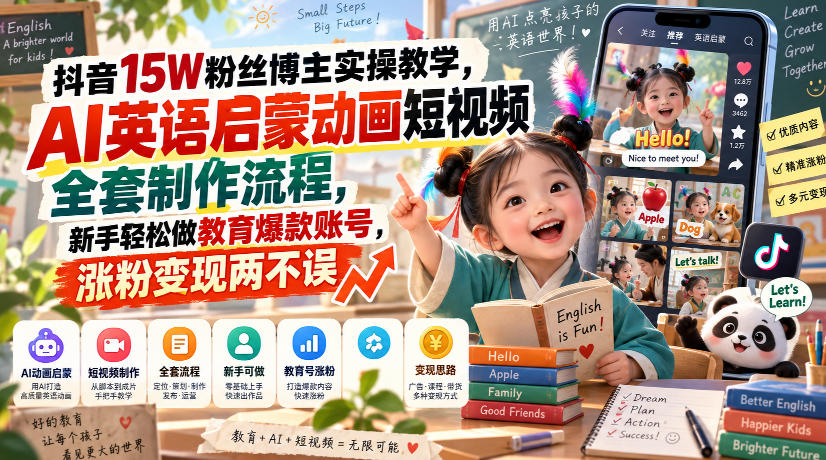 抖音15W粉丝博主实操教学,AI英语启蒙动画短视频全套制作流程,新手轻松做教育爆款账号,涨粉变现两不误-皮皮网创