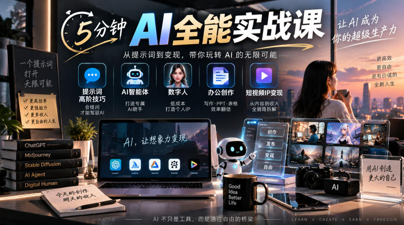 5分钟AI全能实战课｜提示词高阶技巧+AI智能体+数字人+办公创作+短视频IP变现全教程-皮皮网创