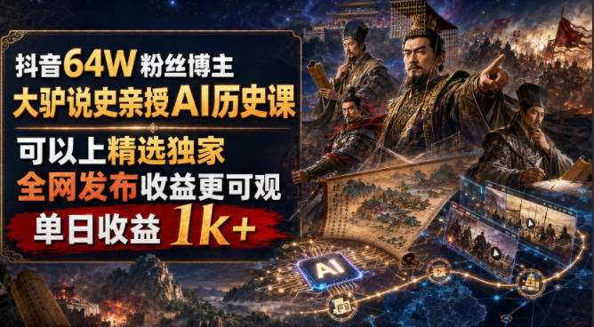 抖音64W粉丝博主大驴说史亲授AI历史课,可以上精选独家,全网发布收益更可观,单日收益1k+(更新)-皮皮网创