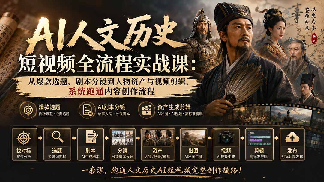 AI人文历史短视频全流程实战课-更新:从爆款选题、剧本分镜到人物资产与视频剪辑,系统跑通内容创作流程-皮皮网创