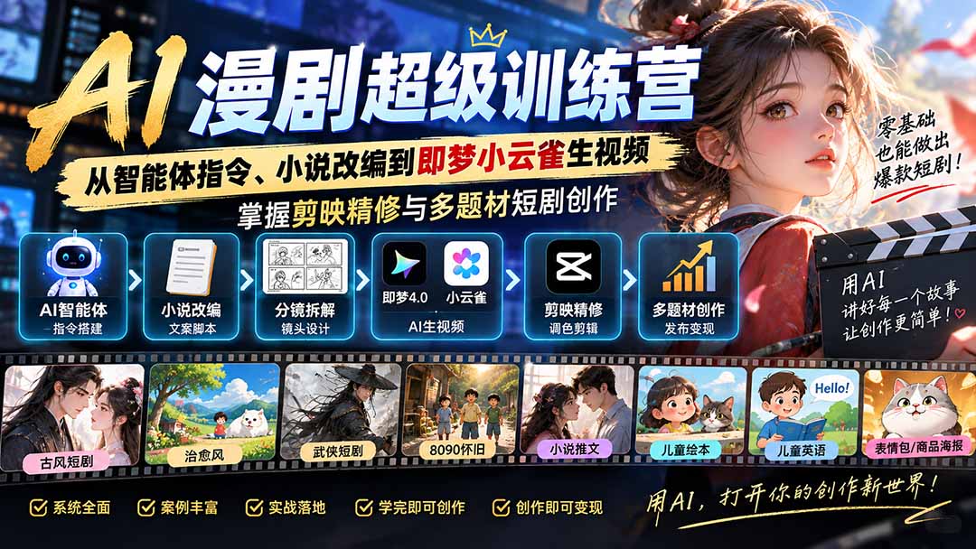 AI漫剧超级特训营:从智能体指令、小说改编到即梦小云雀生视频,掌握剪映精修与多题材短剧创作-皮皮网创