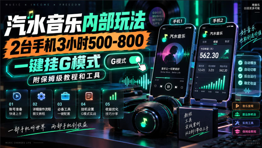 汽水音乐内部玩法,2台手机3小时500-800,一键挂G模式,附保姆级教程和工具【揭秘】-皮皮网创