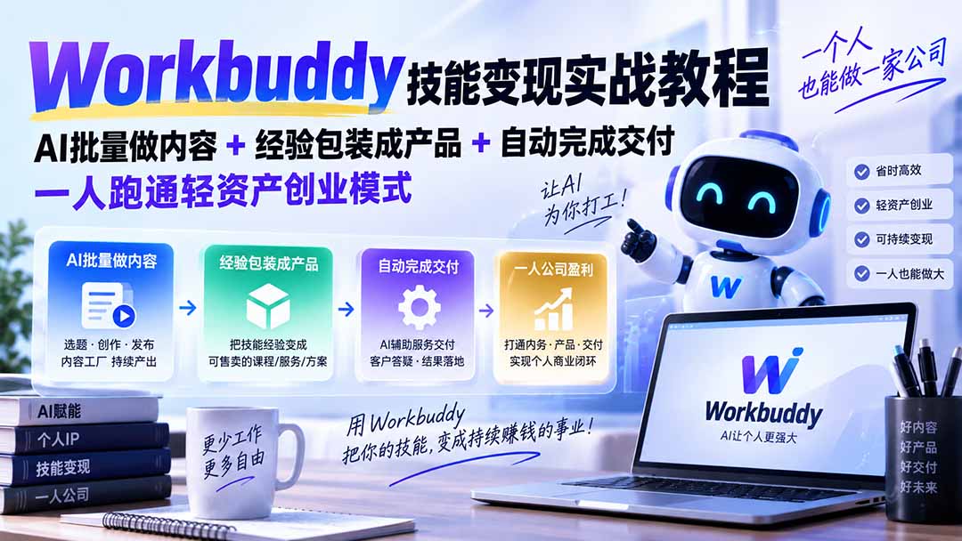 Workbuddy技能变现实战教程:AI批量做内容+经验包装成产品+自动完成交付,一人跑通轻资产创业模式-皮皮网创