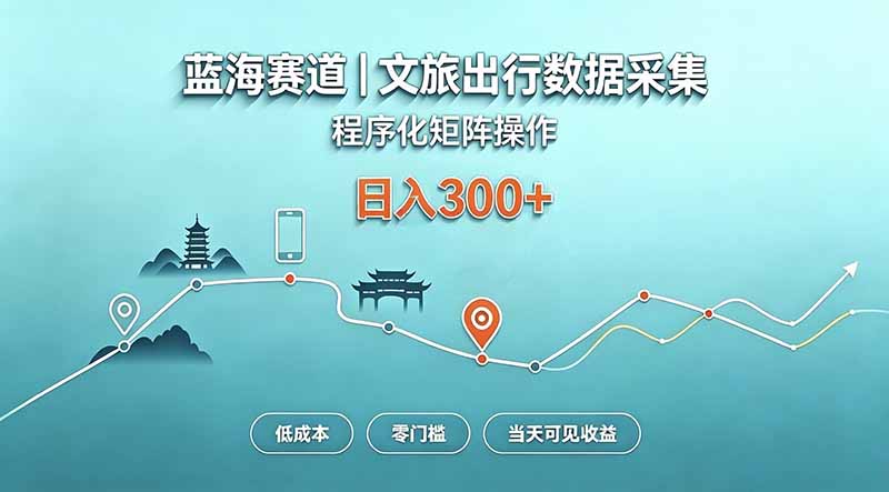 蓝海赛道  文旅出行数据采集  程序化矩阵操作    低成本  零门槛   当天可见收益   日入300+-皮皮网创