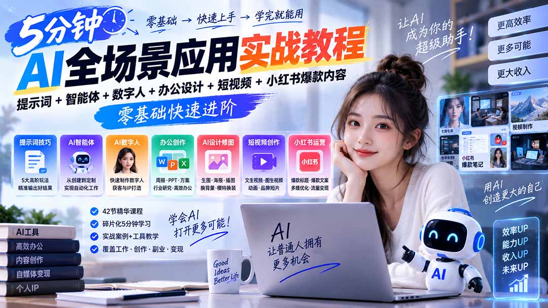 AI全场景应用实战教程|提示词+智能体+数字人+办公设计+短视频+小红书爆款内容,零基础快速进阶-皮皮网创