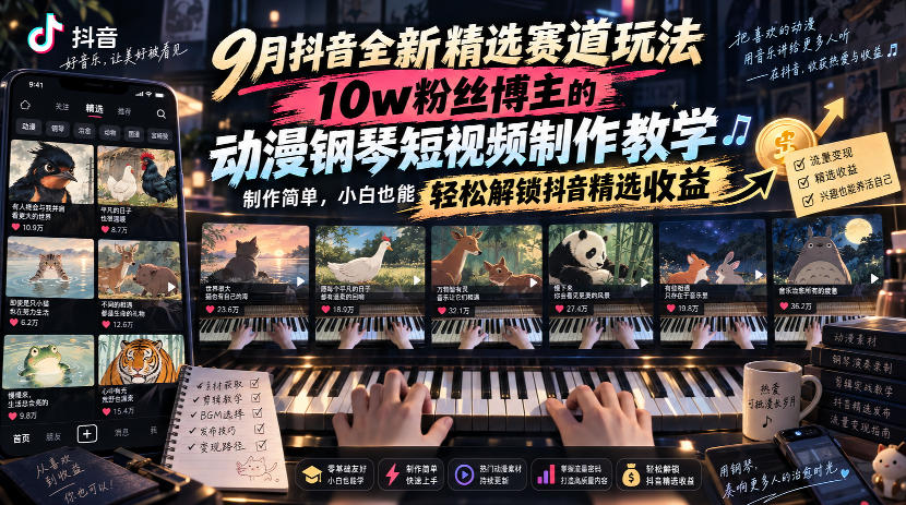 9月抖音全新精选赛道玩法,10w粉丝博主的动漫钢琴短视频制作教学,制作简单,小白也能轻松解锁抖音精选收益-皮皮网创