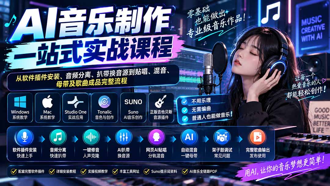 AI音乐制作一站式实战课程:从软件插件安装、音频分离、扒带换音源到贴唱、混音、母带及歌曲成品完整流程-皮皮网创