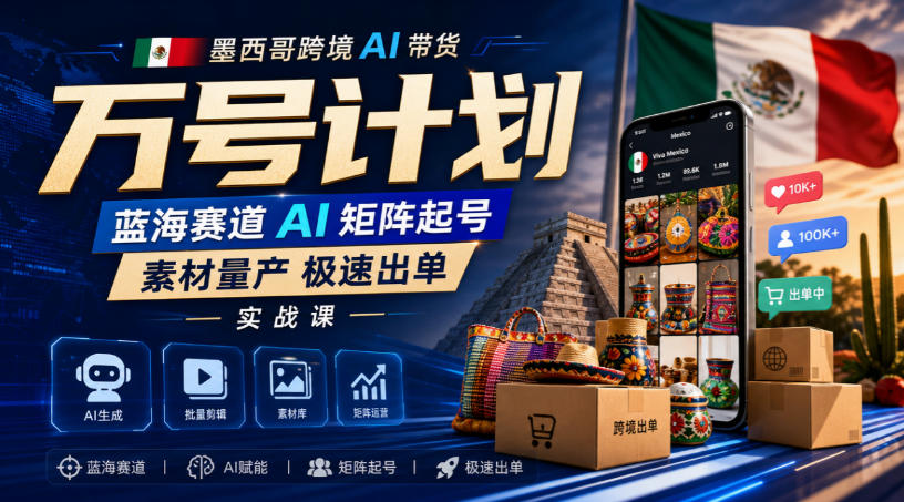 墨西哥跨境AI带货万号计划,蓝海赛道AI矩阵起号,素材量产极速出单实战课-皮皮网创
