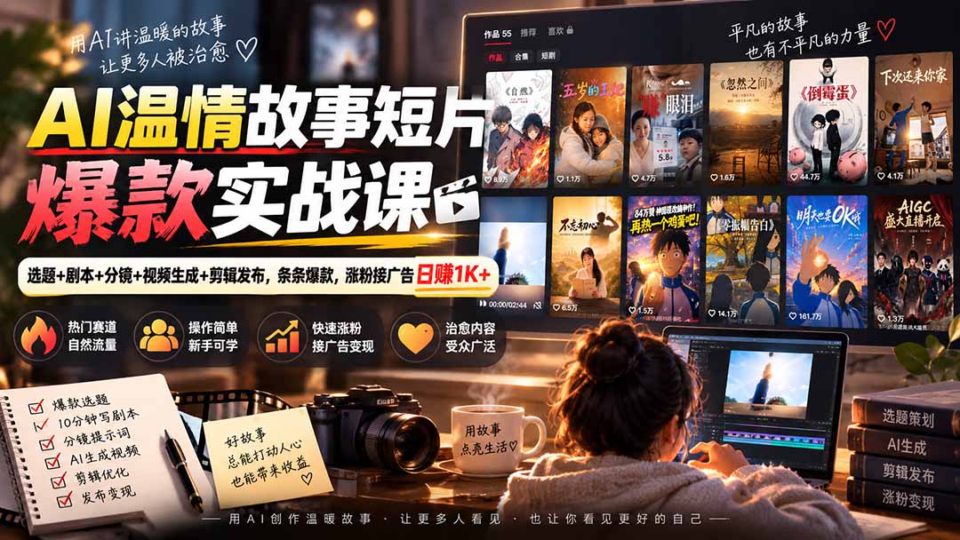 AI温情故事短片爆款实战课-更新|选题+剧本+分镜+视频生成+剪辑发布,条条爆款,涨粉接广告日赚1K+-皮皮网创