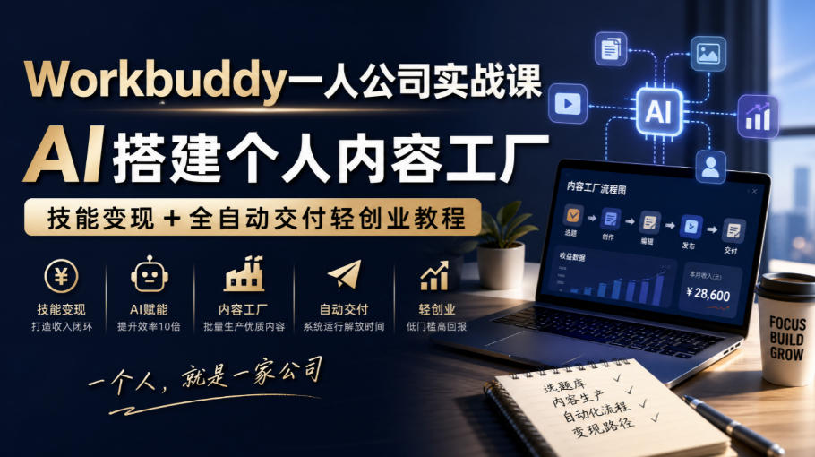 Workbuddy一人公司实战课，AI搭建个人内容工厂，技能变现+全自动交付轻创业教程​-皮皮网创
