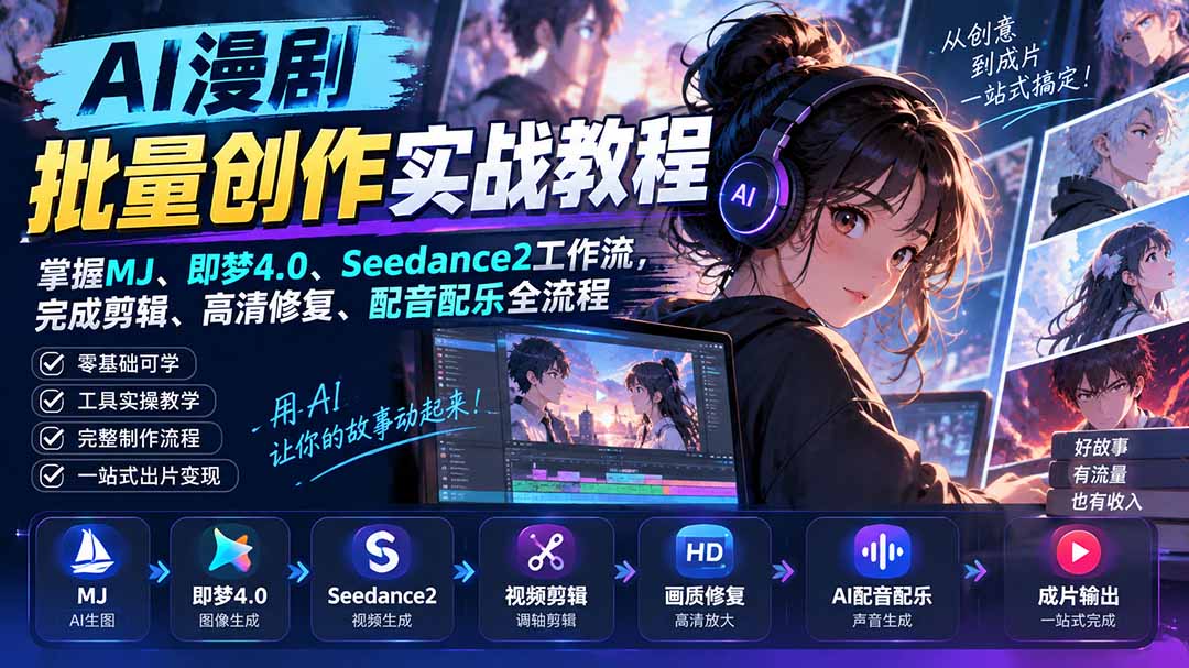AI漫剧批量创作实战教程:掌握MJ、即梦4.0、Seedance2工作流,完成剪辑、高清修复、配音配乐全流程-皮皮网创