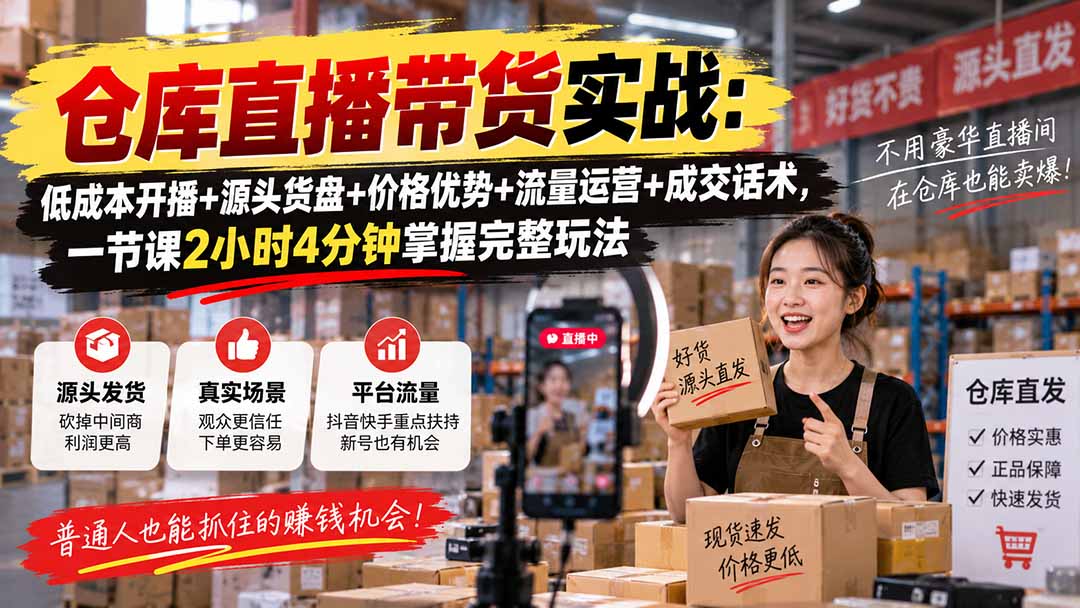 仓库直播带货实战:低成本开播+源头货盘+价格优势+流量运营+成交话术,一节课2小时4分钟掌握完整玩法-皮皮网创