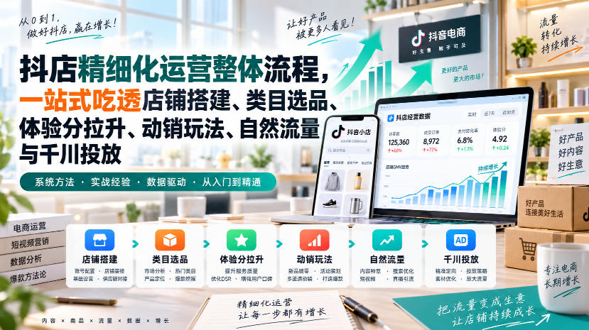 李哥电商-抖店精细化运营整体流程,一站式吃透店铺搭建、类目选品、体验分拉升、动销玩法、自然流量与千川投放-皮皮网创