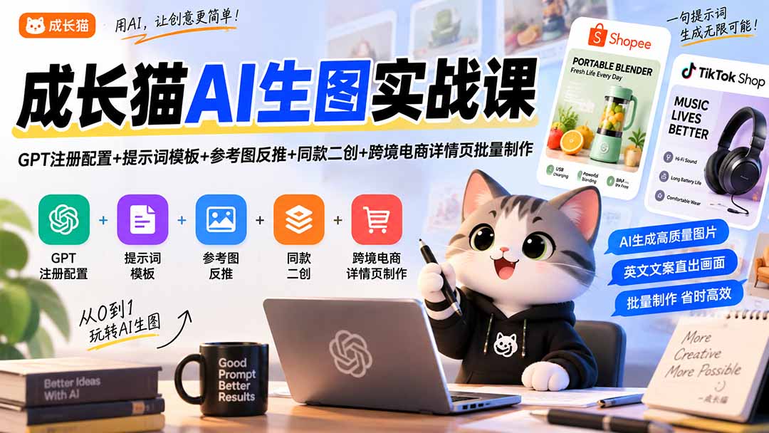 成长猫AI生图实战课|GPT注册配置+提示词模板+参考图反推+同款二创+跨境电商详情页批量制作-皮皮网创