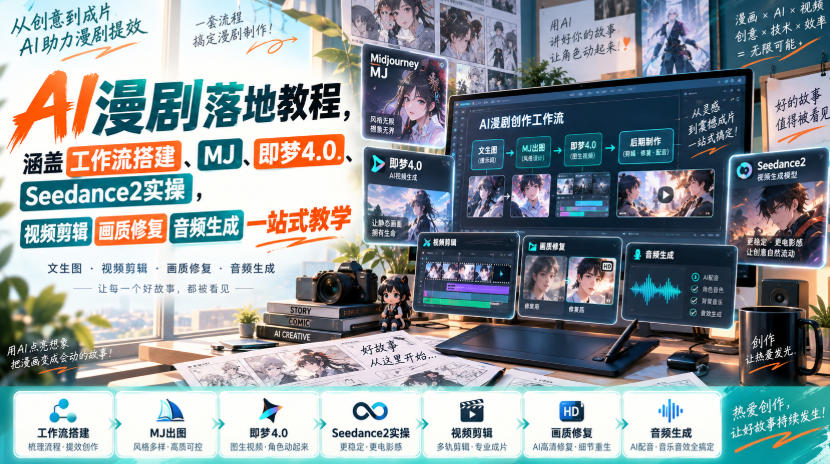 AI漫剧落地教程,涵盖工作流搭建、MJ、即梦4.0、Seedance2实操,视频剪辑画质修复音频生成一站式教学-皮皮网创