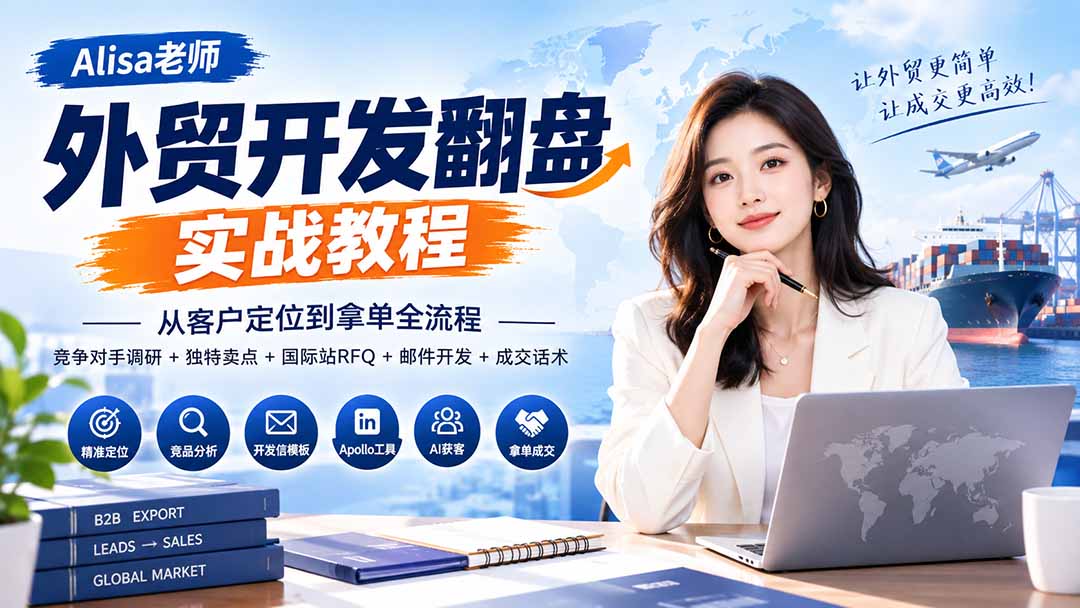 外贸开发翻盘实战教程|从客户定位到拿单全流程+竞争对手调研+独特卖点+国际站RFQ+邮件开发+成交话术-皮皮网创