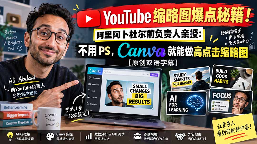 YouTube 缩略图爆点秘籍!阿里阿卜杜尔前负责人亲授:不用 PS,Canva 就能做高点击缩略图【原创双语字幕】-皮皮网创