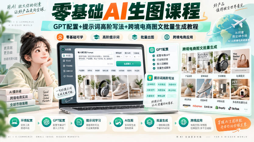 零基础AI生图课程,GPT配置+提示词高阶写法+跨境电商图文批量生成教程-皮皮网创