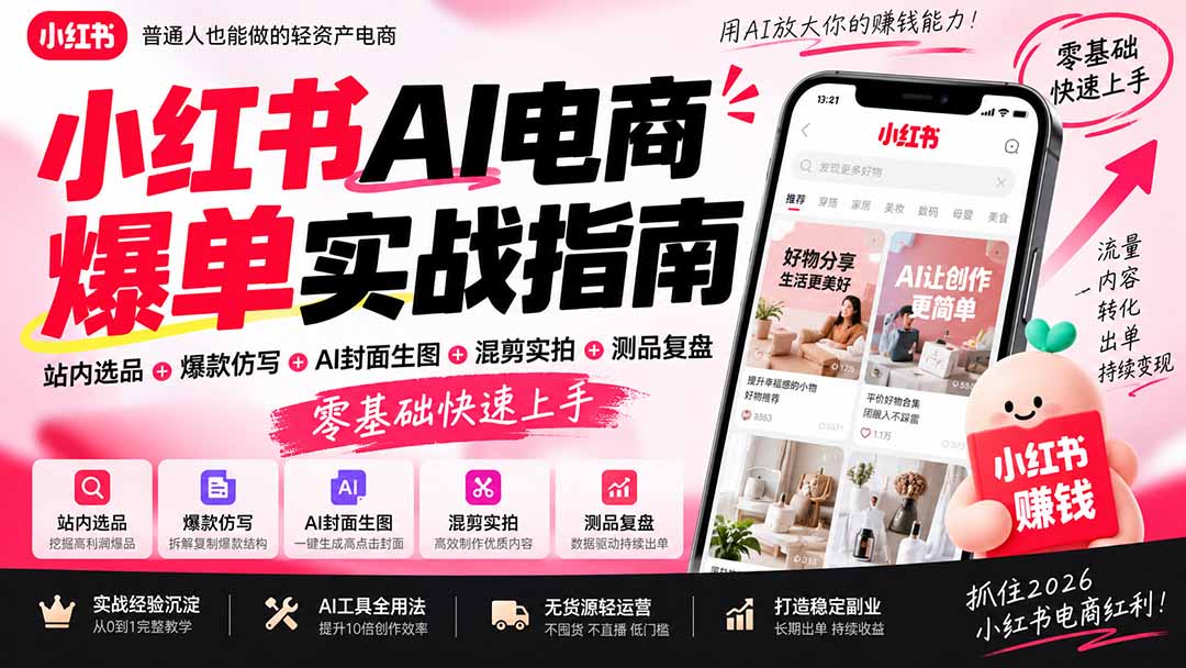 2026小红书AI电商爆单实战指南:站内选品+爆款仿写+AI封面生图+混剪实拍+测品复盘,零基础快速上手-皮皮网创