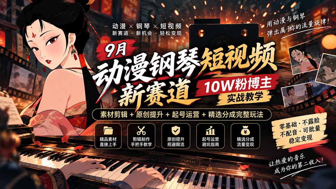 9月动漫钢琴短视频新赛道|10W粉博主实战教学,素材剪辑+原创提升+起号运营+精选分成完整玩法-皮皮网创