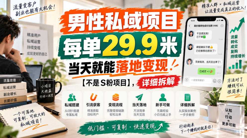男性私域项目，每单29.9米，当天就能落地变现【不是S粉项目】，详细拆解-皮皮网创